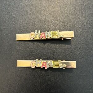 NIB LA Collection/Parfums Chanel Gold Hair Clips with Multicolor Logo Set of 2